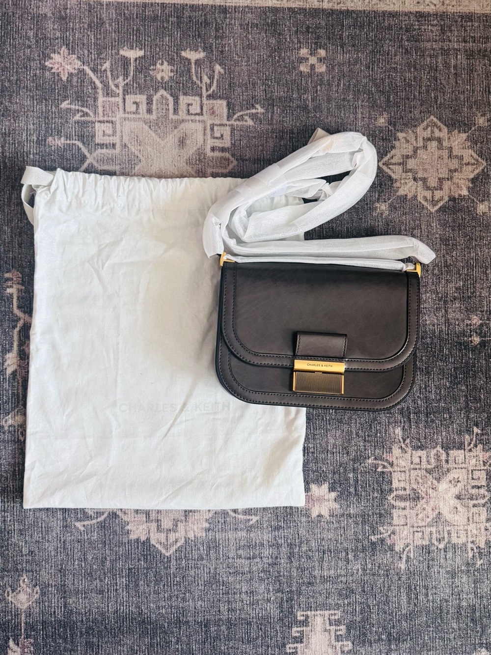 Charles & Keith Charlot Crossbody Bag - Size Med - Dark Moss/Gold